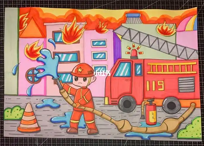 儿童创意美术  #致敬消防员  #主题画