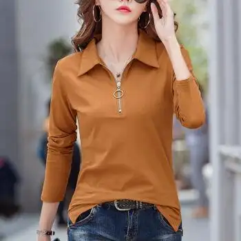 浪莎女装春秋新款翻领长袖t恤女宽松有领打底衫休闲polo小衫服女士