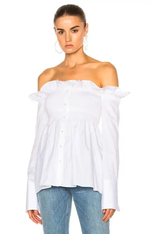 off-shoulder smocked shirt