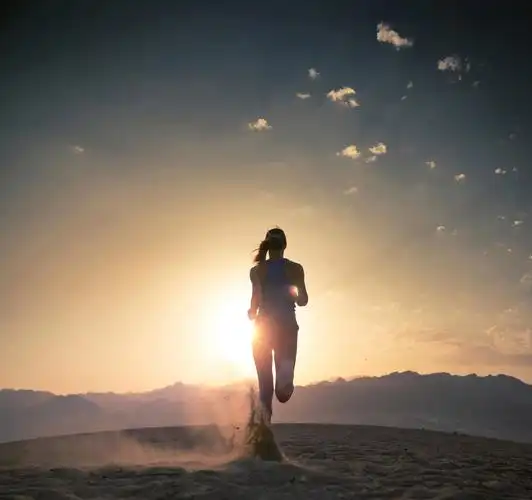 日落时在沙漠中奔跑的年轻运动员励志努力运动健身户外跑步