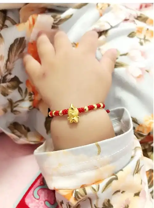 3d硬金黄金鸡十二生肖婴儿宝宝手链黄金转运珠满月百天周岁手镯
