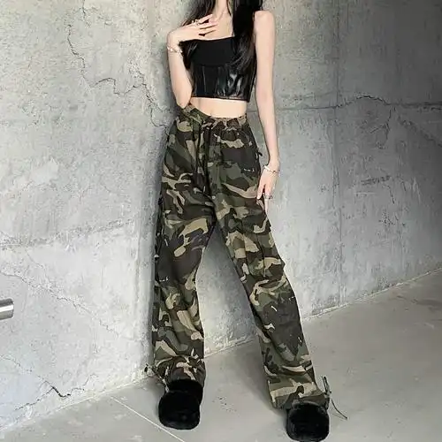 美式复古古高街hiphop迷彩工装裤女夏季薄款高腰休闲裤