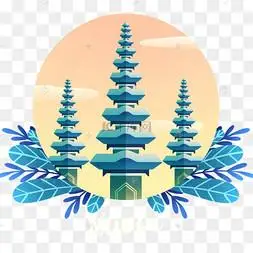 彩色卡通巴厘岛宁静日寺庙