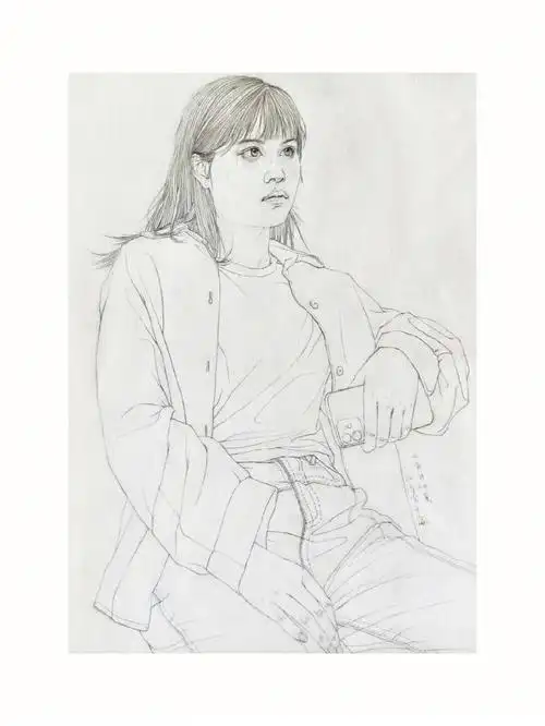 白描工笔白描人物女青年