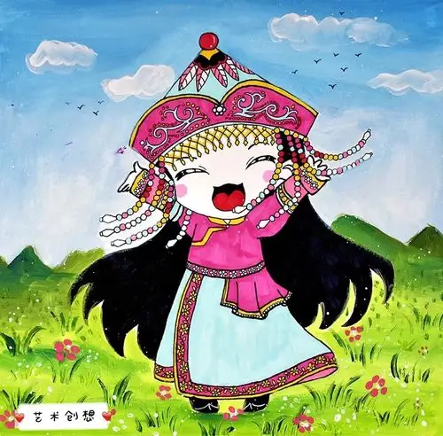 《蒙古族姑娘》 画出人物的造型 并对充满民族特色的服装,帽子等 进行
