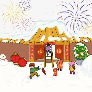 红色贴对联贴春联挂灯笼放鞭炮迎新春新年