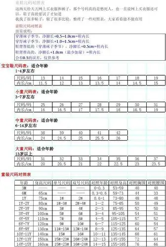 童鞋尺码对照表