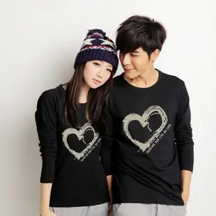 韩版秋装男女情侣装心形图案印花长袖t恤莱卡棉大码班服打底衫