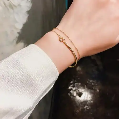 24k黄金手链女新款999足金手镯金半镯子首饰简约双层叠戴细款手镯