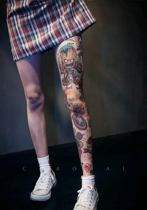复仇者联盟纹身图片_腿部new school花腿卡通纹身图案