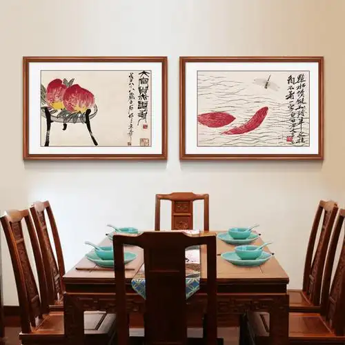 齐白石餐厅装饰画饭厅挂画单幅国画水果壁画荔枝寿桃厨房墙画中式