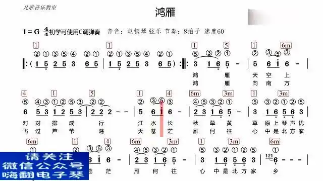 27q 《鸿雁》电子琴有声简谱 带和弦指法