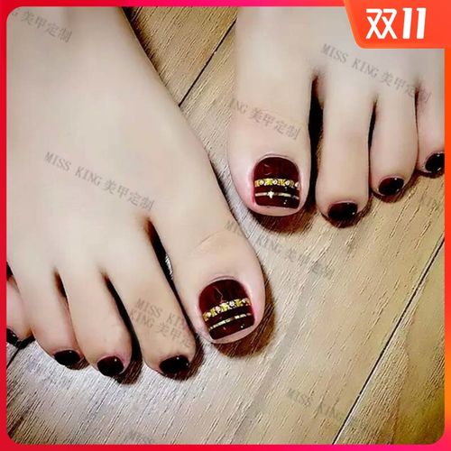 18超显白酒红金线条铆钉脚趾甲光疗甲成品甲片定制美甲定制