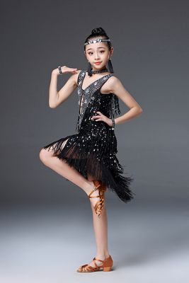 高档2019新款儿童拉丁舞裙少儿拉丁舞比赛服装亮片流苏表演服女童