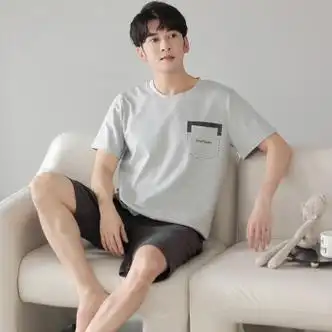 睡衣男夏季纯棉薄款短袖短裤套装套头休闲大码宽松男士家居服ckefh2