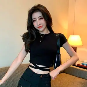 黑色短袖t恤女修身短款上衣夏短装泫雅风绑带高腰露脐紧身打底衫