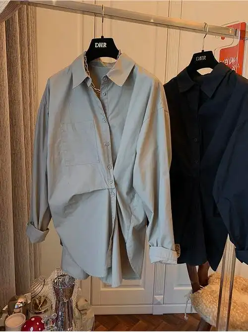 abcrcy日系原单衬衣女日本设计师小众错位纽扣造型两穿宽松长袖衬衫女