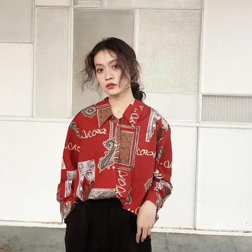 复古花衬衫港风2019春装新款长袖印花宽松显瘦古着涂鸦红衬衣女