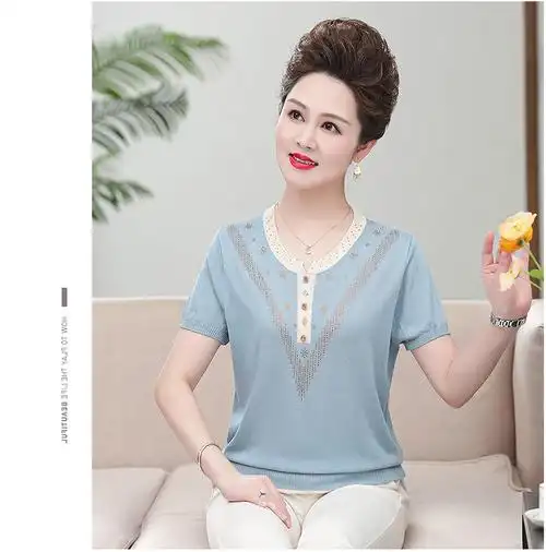 夏天冰丝t恤女短袖中年人洋气妈妈装夏装t恤中年女士岁小衫中老年人大