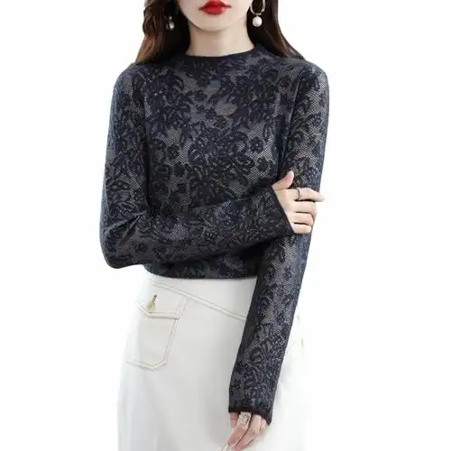 秋冬新款镂空纯羊毛衫女半高领纯色韩版蕾丝打底衫针织长袖毛衣