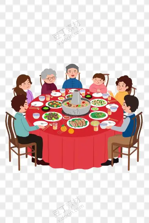 手绘卡通新年吃年夜饭原创插画素材年夜饭团圆饭除夕元素