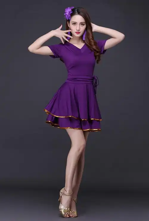 2018广场舞服装新款夏季中长款跳舞连衣裙女成人短袖拉丁舞演出服_不