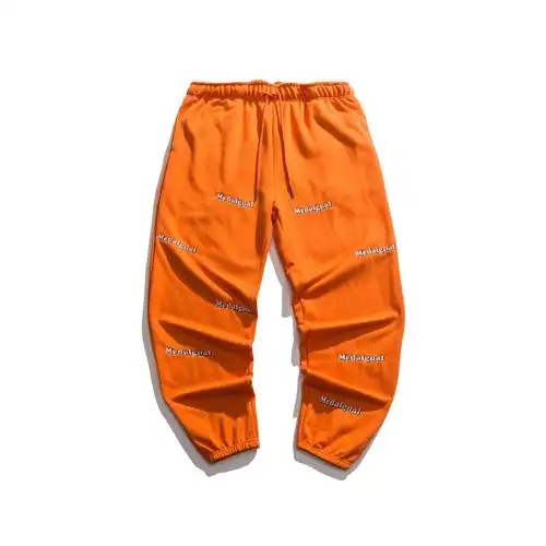 美式潮牌橘色刺绣裤子男ins春天百搭休闲卫裤高街束脚裤宽松长裤