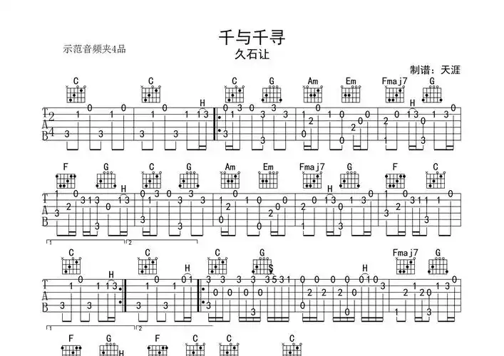 千与千寻指弹吉他谱_久石让_独奏六线谱_天涯过客上传