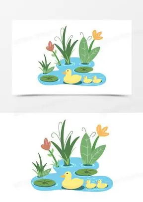 卡通手绘池塘黄色小鸭元素