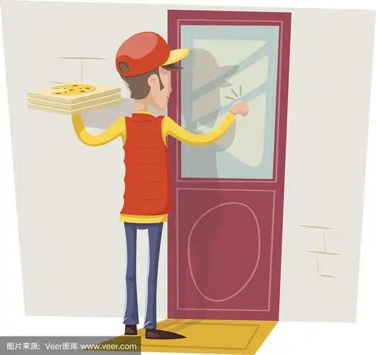 披萨盒送货男孩男人概念敲门客户门墙背景复古卡通设计矢量插图
