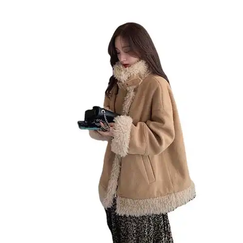 机车服女2021秋冬仿羊羔毛穿搭外套显瘦小个子毛茸茸立领呢子大衣