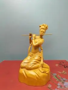 小叶黄杨木雕吹笛仕女实木雕刻工艺古典美女中式家居客厅装饰摆件
