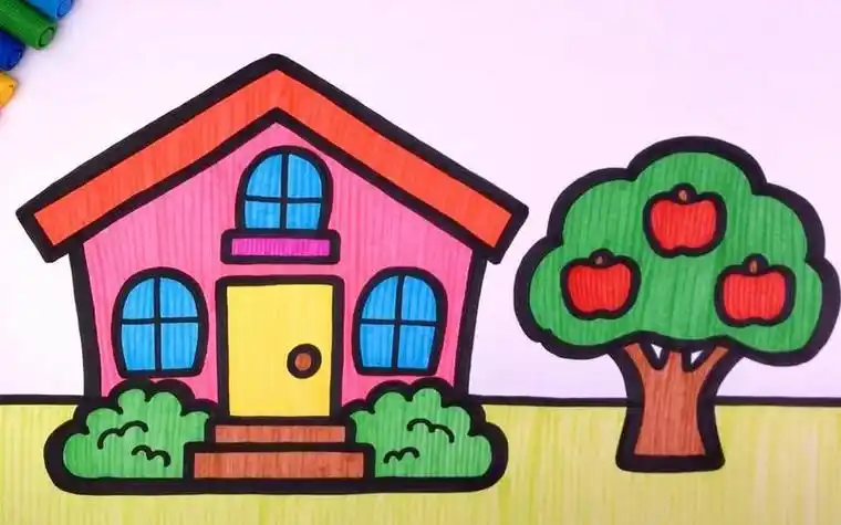 儿童简笔画房子和树花草