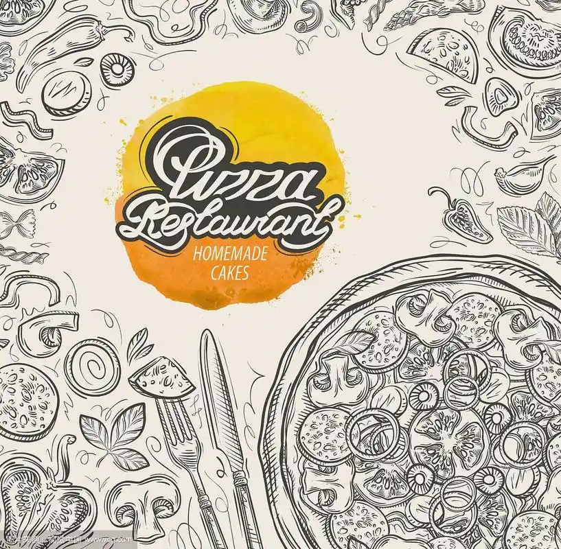 手绘披萨餐厅素描和食物