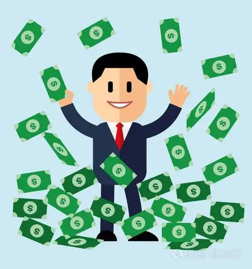 插图卡通商人在钱堆现金大奖概念.成功的商人钱法案桩,矢量图