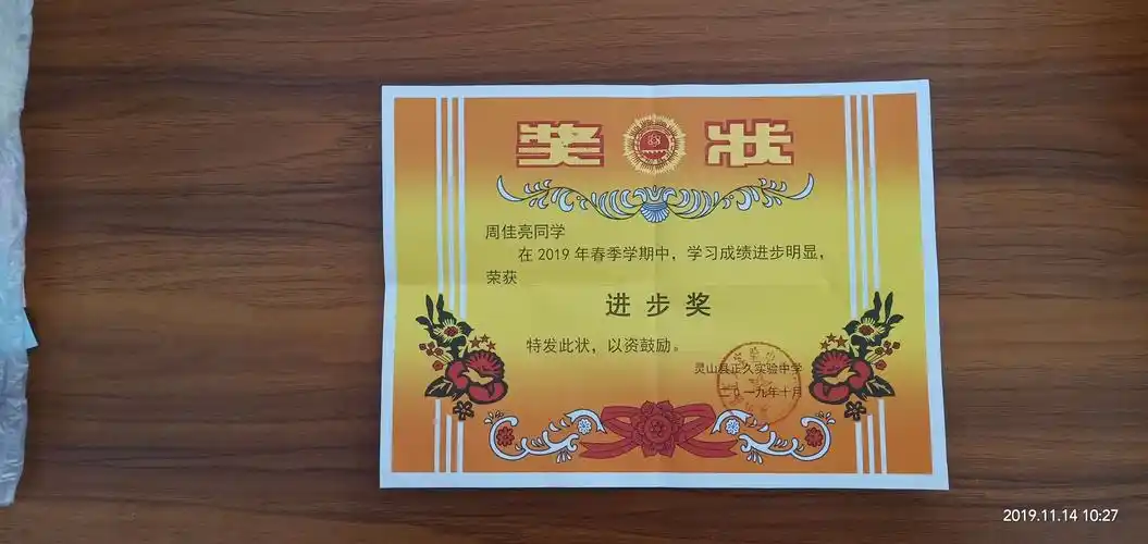 周佳亮荣获进步奖