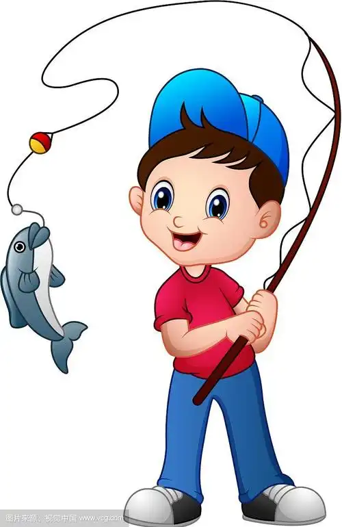 可爱的卡通男孩钓鱼