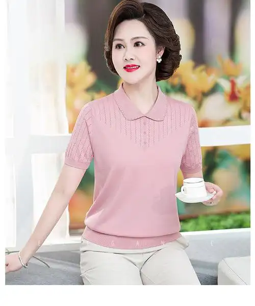 有领的反领显瘦中年女士短袖t恤带领4050岁妈妈装夏天减龄妇女夏装