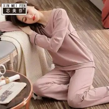 芯美芬睡衣女春秋季纯棉长袖女士中年大码妈妈全棉家居服秋天薄款两件
