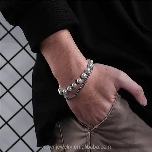 新款男士不锈钢珠子双层环链珍珠珠子可调节手镯饰品 - buy men pearl