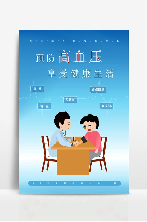 蓝色手绘卡通风格高血压预防海报