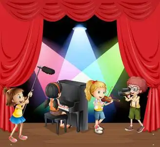 交响乐团在舞台上孩子们在舞台上演奏音乐乐队与卡通儿童在舞台缮