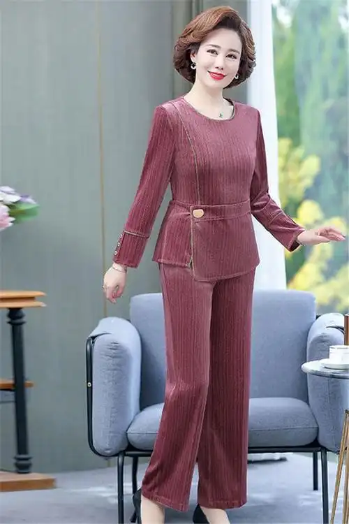 妈妈春装金丝绒套装40岁50中年女休闲上衣中老年春秋洋气时尚套装