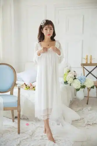 睡裙女夏长裙公主风性感长袖春秋季睡衣大码长款宽松复古宫廷风 8808