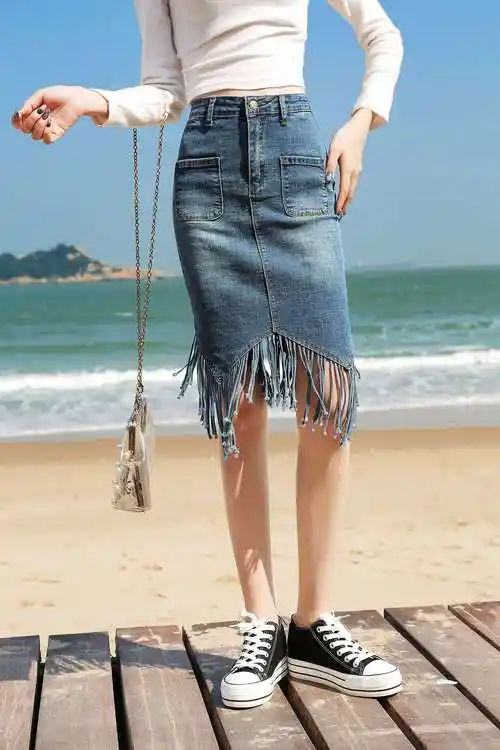 2020春季新款不规则流苏牛仔裙高腰裙子短裙