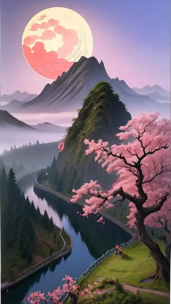 太阳与山水交织的美丽画卷!#山水风景画 #带你走进画里 # - 抖音