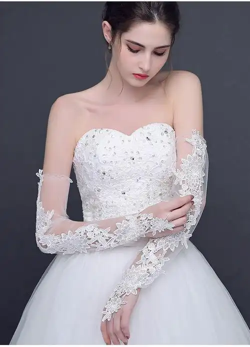 新款新娘婚纱手套长款冬季婚礼加绒加厚保暖白色简约弹力大码显瘦_7折