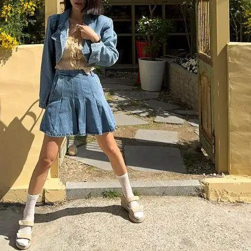 侧拉链压褶高腰短裙牛仔迷你裙 - 17网