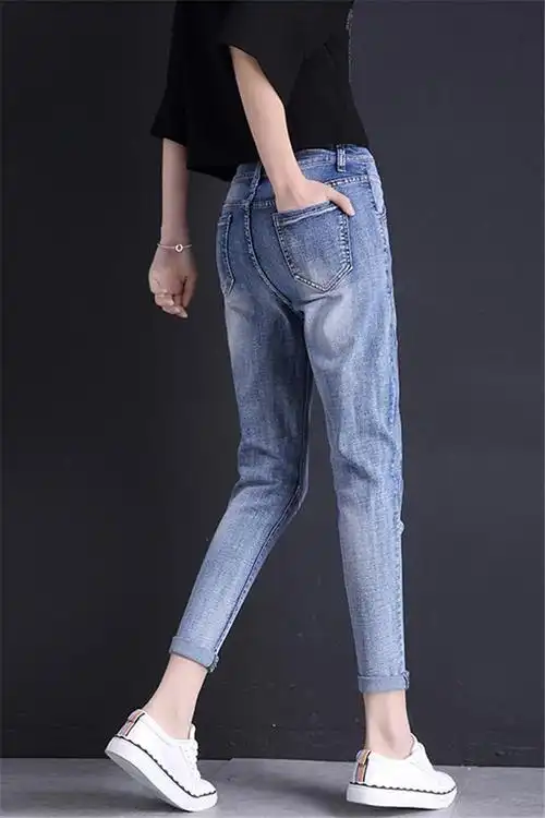 牛仔裤女萝卜裤大码高腰韩版宽松显瘦小脚裤19春新款胖m哈伦裤