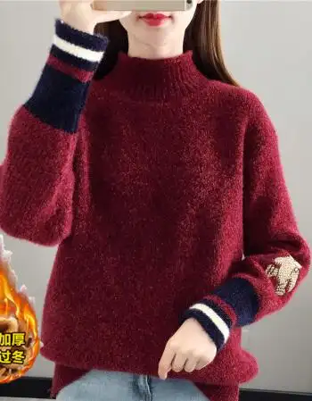 邻家女孩爱漂亮衣服毛衣女2021新款加绒加厚粗毛线高领外穿毛衣酒红色